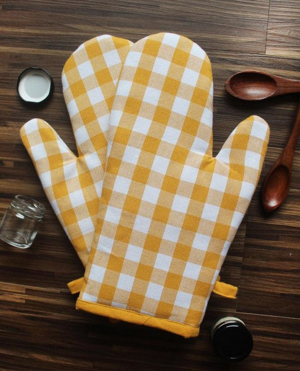 Cotton Gingham Check Yellow Oven Gloves Pack Of 2 freeshipping - Airwill