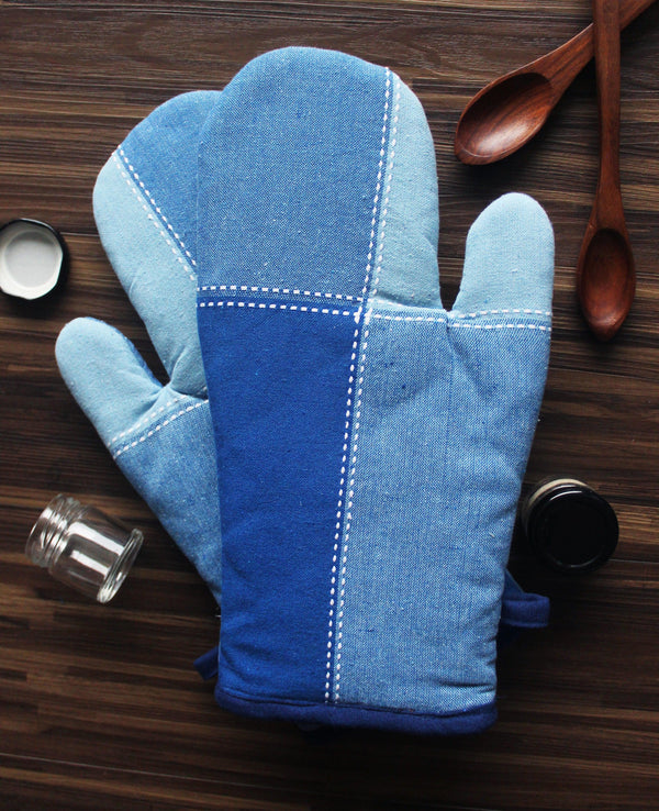 Cotton 4 Way Dobby Blue Oven Gloves Pack Of 2
